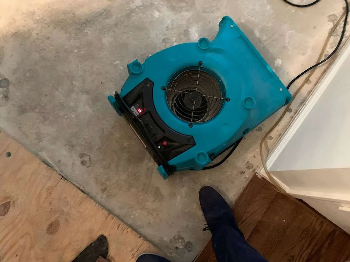 Air mover drying subfloor during Leak Detection & Repair in Framingham